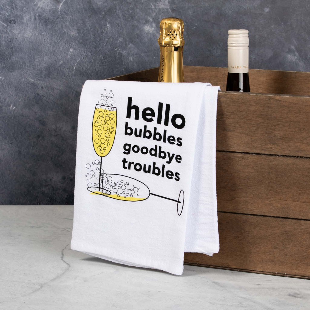 Hello Bubbles goodbye troubles bar towel with wine bottles